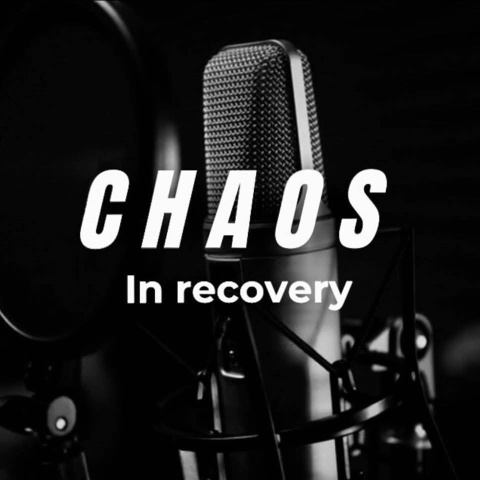 Official black-and-white Chaos in Recovery artwork featuring a studio microphone