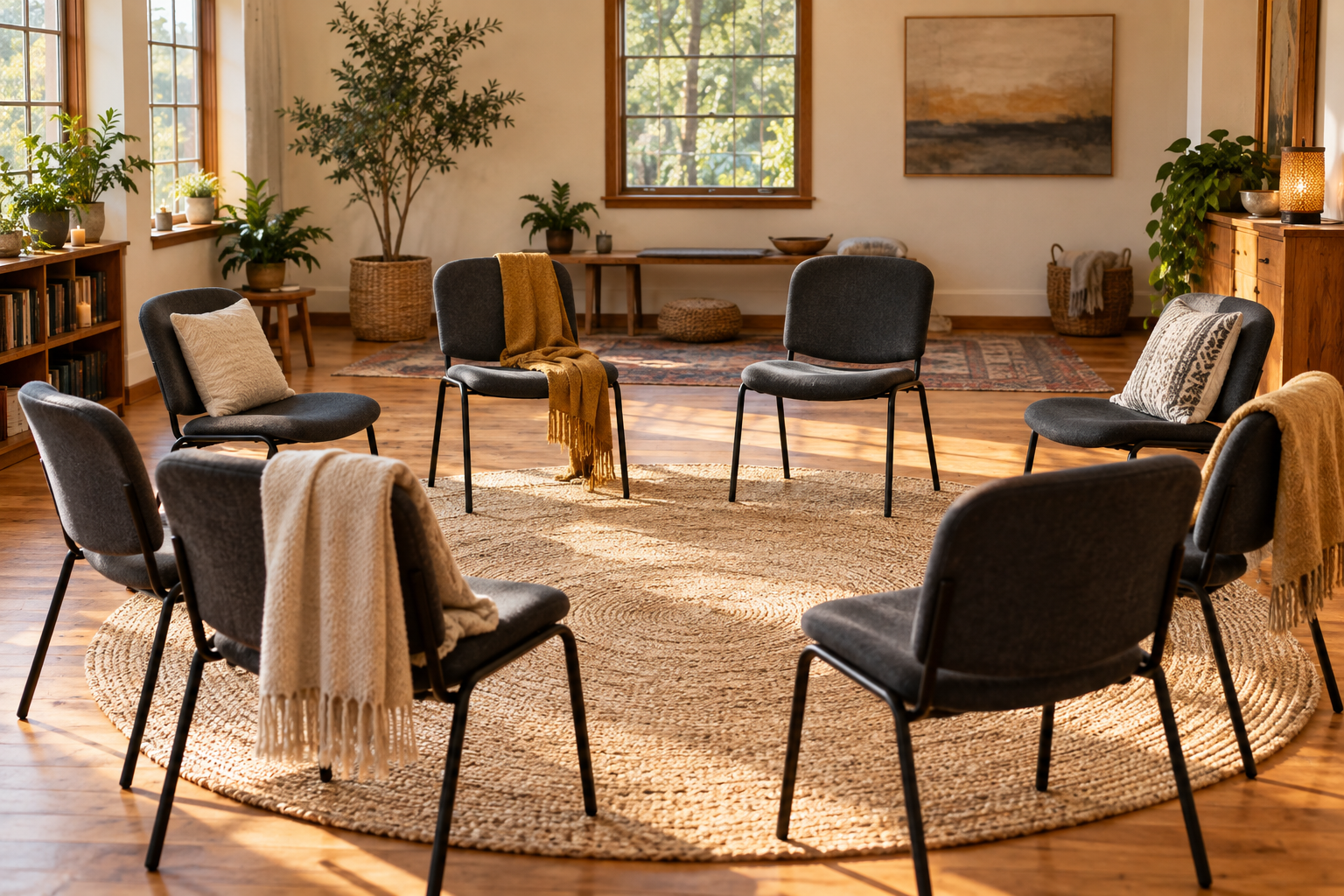 An illustration of a warm meeting space with chairs arranged in a circle