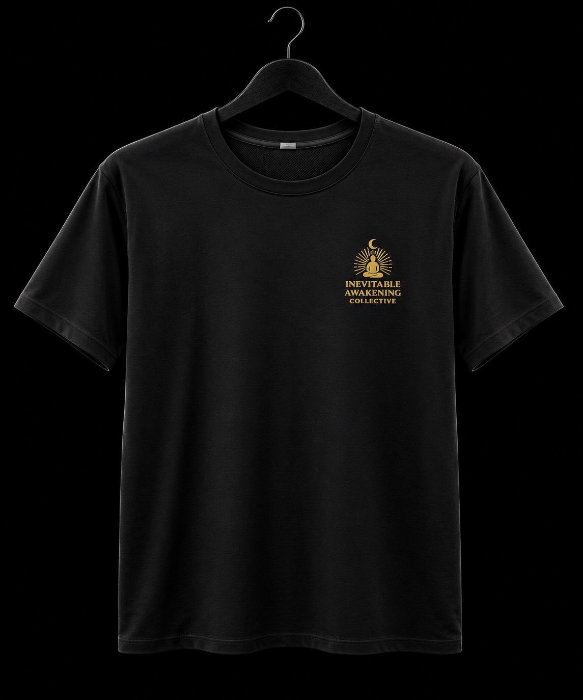 Black Inevitable Awakening Collective T-shirt with a gold chest logo